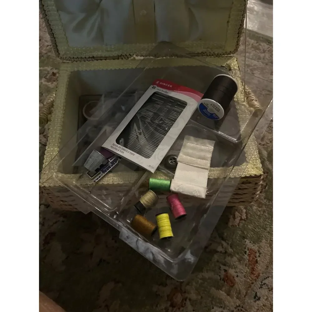 Vintage Sewing Box with contents plus large metal basket of thread